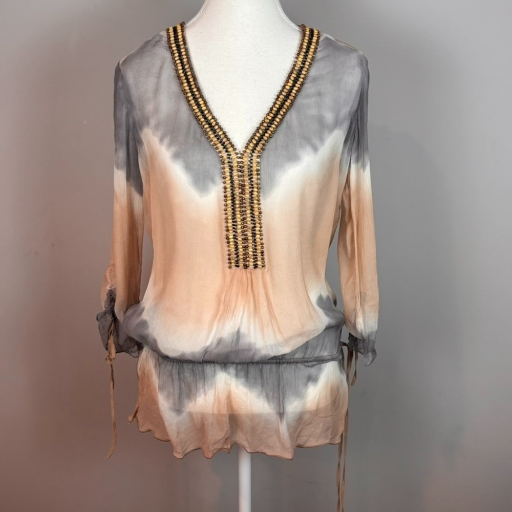 Hale Bob Cabana Brown Tie-dye beaded Sheer Tunic Top Womens MED Resortwear Beach